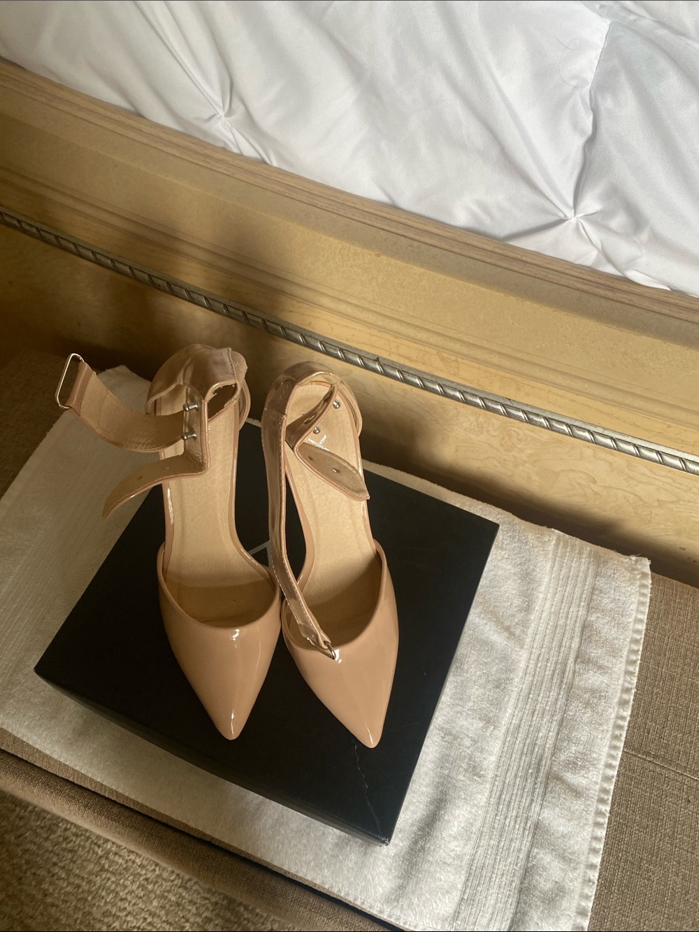 Ankle-Strap Pointed Toe Pumps in Nude